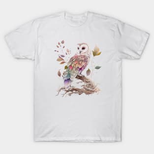 Watercolor Owl in Nature, Floral Design T-Shirt